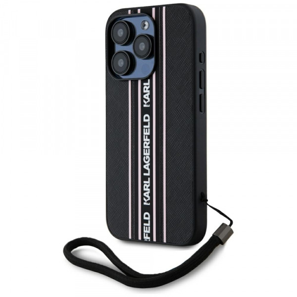 Husa pentru Apple iPhone 15 Pro Max, Karl Lagerfeld, Saffiano Athleisure Stripes with Strap, Roz