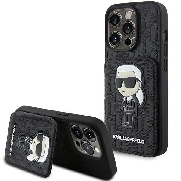 Husa pentru Apple iPhone 15 Pro Max, Karl Lagerfeld, Saffiano Cardslots and Stand Monogram Ikonik Karl, Neagra