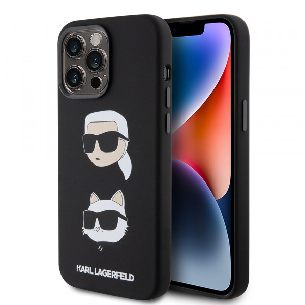 Husa pentru Apple iPhone 15 Pro Max, Karl Lagerfeld, Silicone Karl & Choupette Heads, Neagra