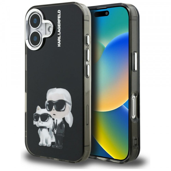 Husa pentru Apple iPhone 16, Karl Lagerfeld, IML Aquarelle Logo Karl & Choupette, Neagra