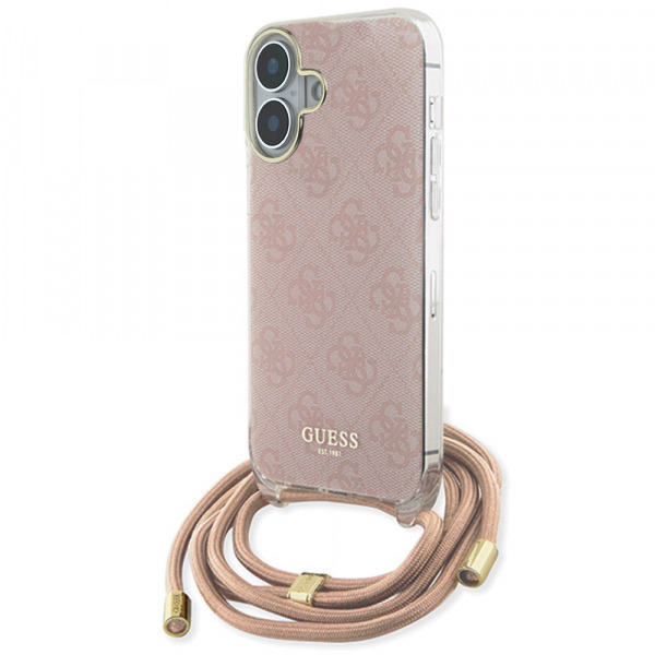 Husa pentru Apple iPhone 16, Guess, Crossbody Cord 4G Print, Roz