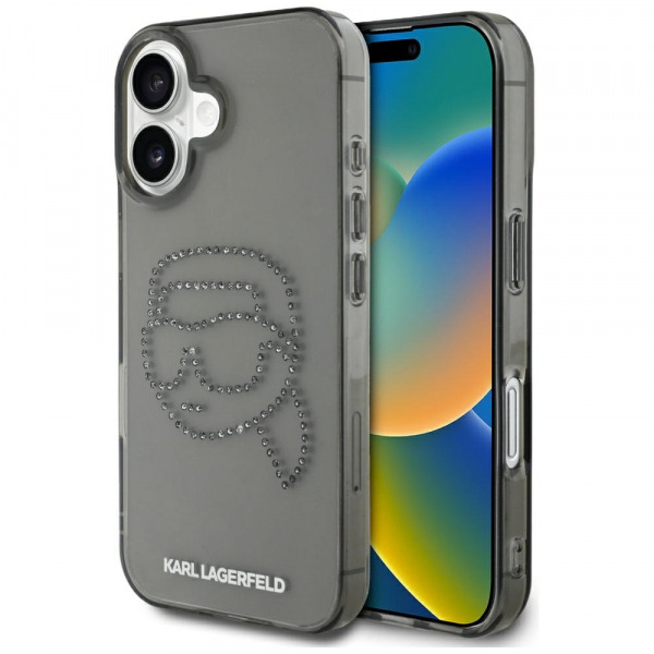 Husa pentru Apple iPhone 16, Karl Lagerfeld, IML Rhinestones Karl's Head, Neagra