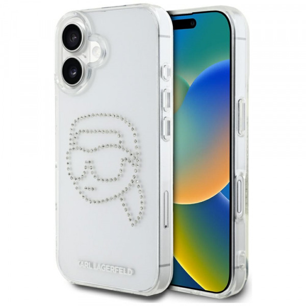Husa pentru Apple iPhone 16, Karl Lagerfeld, IML Rhinestones Karl's Head, Transparenta