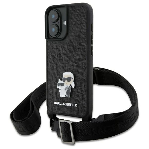 Husa pentru Apple iPhone 16, Karl Lagerfeld, Saffiano Crossbody Metal Pin Karl & Choupette, Alba