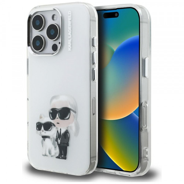 Husa pentru Apple iPhone 16 Pro, Karl Lagerfeld, IML Aquarelle Logo Karl & Choupette, Alba