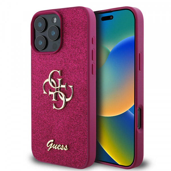 Husa pentru Apple iPhone 16 Pro, Guess, Glitter Big 4G Script, Magenta