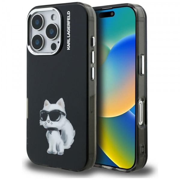 Husa pentru Apple iPhone 16 Pro, Karl Lagerfeld, IML Aquarelle Logo Choupette, Neagra