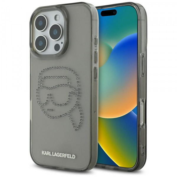 Husa pentru Apple iPhone 16 Pro, Karl Lagerfeld, IML Rhinestones Karl's Head, Neagra