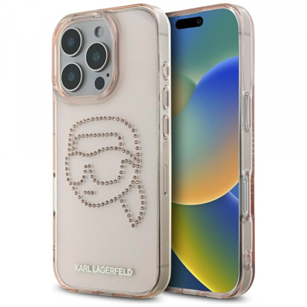 Husa pentru Apple iPhone 16 Pro, Karl Lagerfeld, IML Rhinestones Karl's Head, Roz