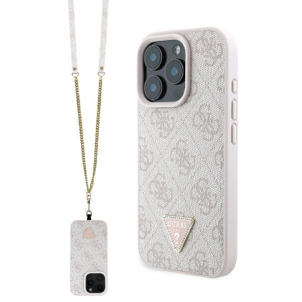 Husa pentru Apple iPhone 16 Pro Max, Guess, Crossbody 4G Triangle Strass, Roz
