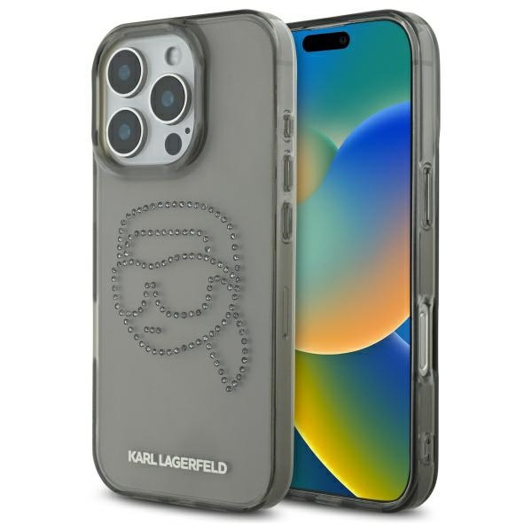 Husa pentru Apple iPhone 16 Pro Max, Karl Lagerfeld, IML Rhinestones Karl's Head, Neagra