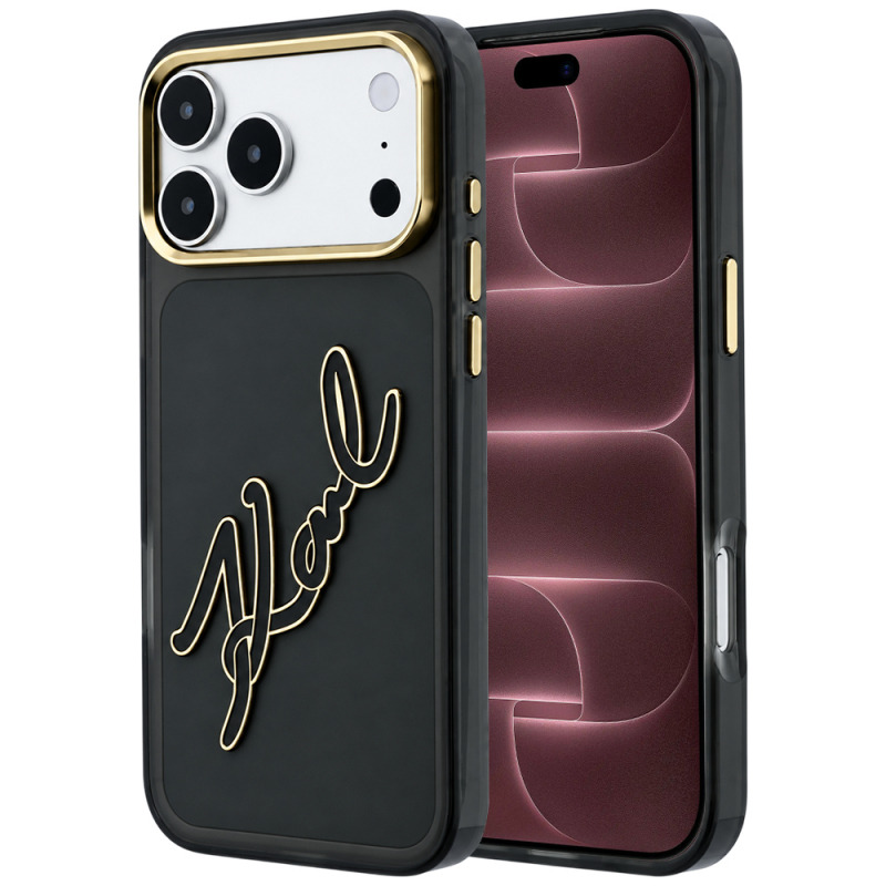Husa pentru Apple iPhone 18 Pro Max / 17 Pro Max, Karl Lagerfeld, IML Big Signature Resin Logo Metal Frame, Neagra