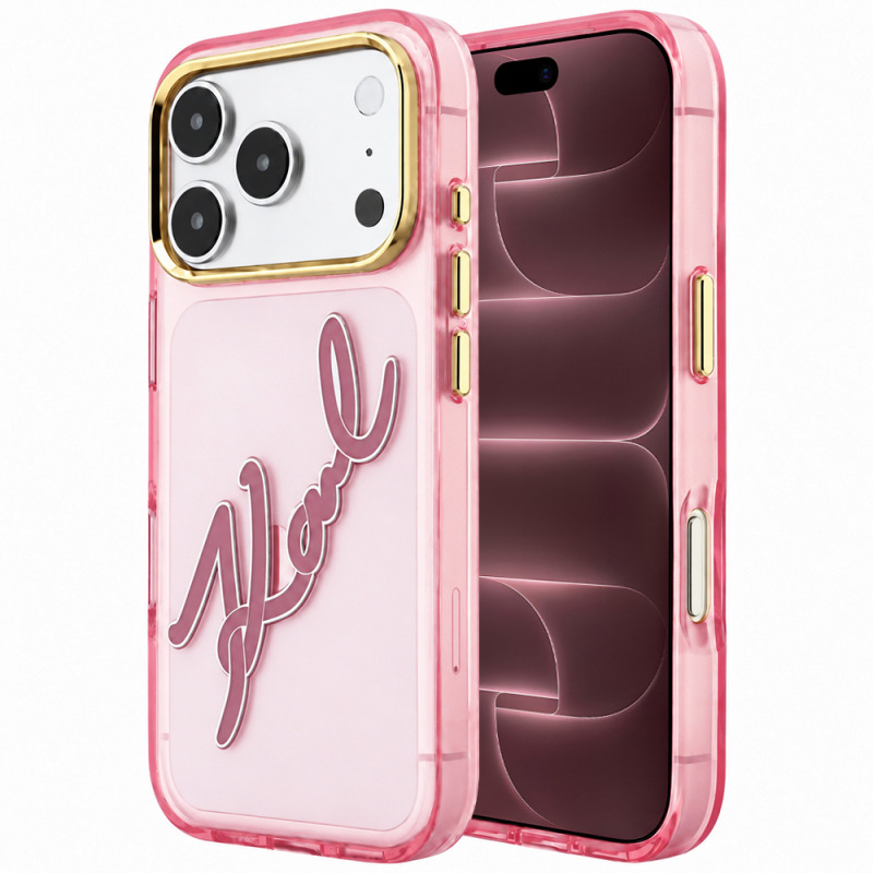 Husa pentru Apple iPhone 18 Pro Max / 17 Pro Max, Karl Lagerfeld, IML Big Signature Resin Logo Metal Frame, Roz