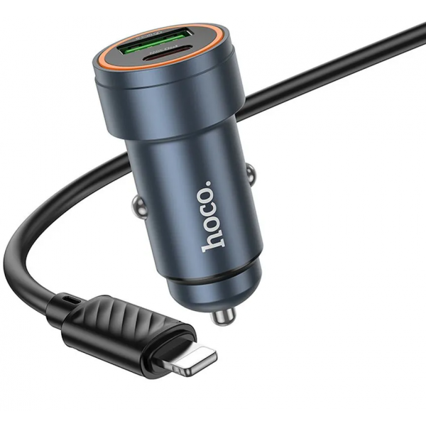 Incarcator Auto Cu Cablu Lightning HOCO Z57A, 30W, 3A, 1 x USB-A - 1 x USB-C, Gri