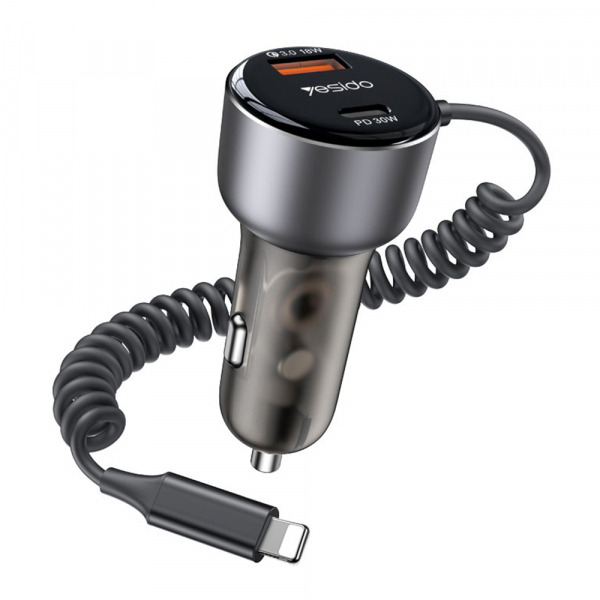 Incarcator Auto Cu Fir Lightning Yesido Y57, 50W, 3A, 1 x USB-A - 1 x USB-C, Negru
