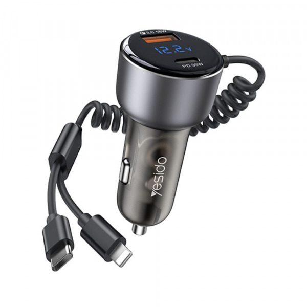 Incarcator Auto Cu Cablu USB-C / Lightning Yesido Y58 Display, 60W, 3A, 1 x USB-A - 1 x USB-C, Gri