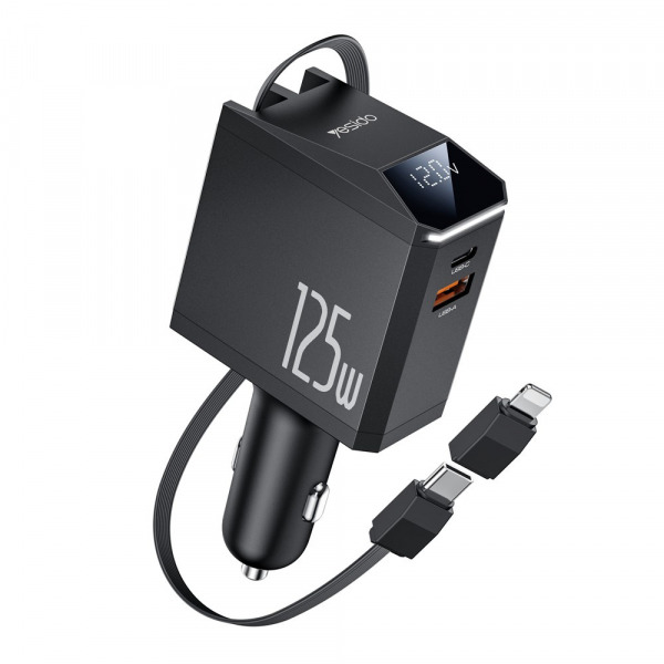 Incarcator Auto Cu Cablu USB-C / Lightning Yesido Y71 Display, 125W, 3A, 1 x USB-A - 1 x USB-C, Negru