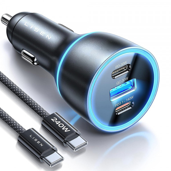 Incarcator Auto Cu Cablu USB-C Lisen, 170W, 5A, 1 x USB-A - 2 x USB-C, Negru YL0224010001