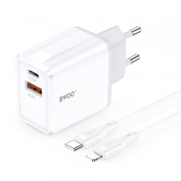 Incarcator Retea Cu Cablu Lightning BWOO CDA182, 38W, 3A, 1 x USB-A - 1 x USB-C, Alb