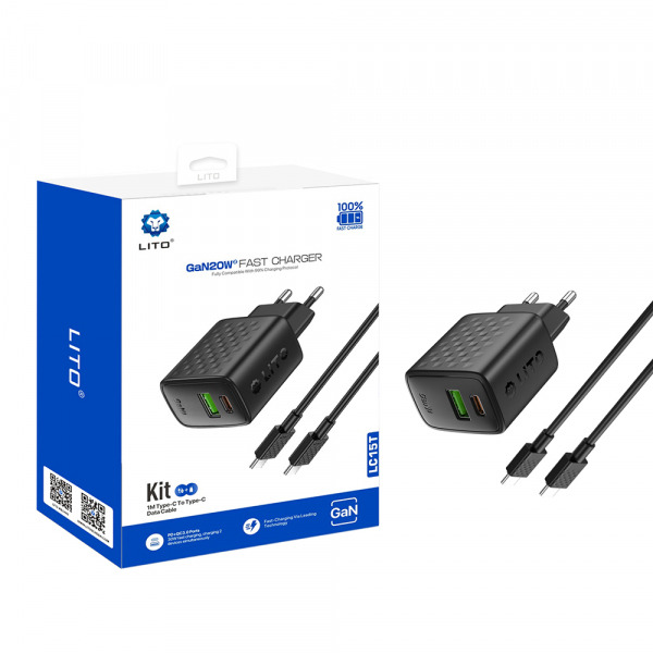 Incarcator Retea Cu Cablu USB-C Lito LC15T, 20W, 3A, 1 x USB-A - 1 x USB-C, Negru