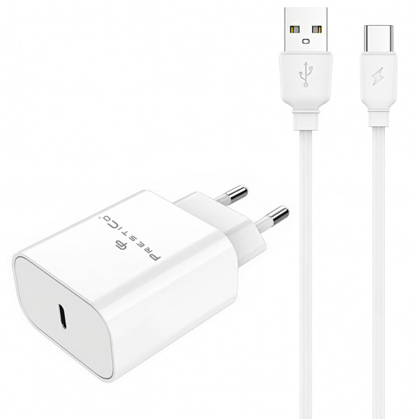 Incarcator Retea Cu Cablu USB-C Prestico F15S-C, 30W, 3A, 1 x USB-C, Alb