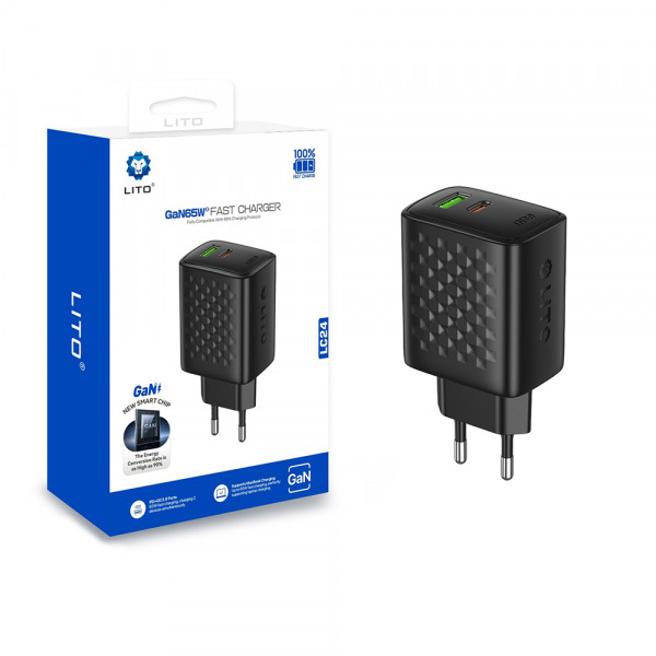 Incarcator Retea Lito LC24, 65W, 3.25A, 1 x USB-A - 1 x USB-C, Negru