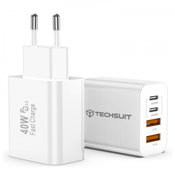 Incarcator Retea Techsuit PowerXQuad CH4, 40W, 3A, 2 x USB-A - 2 x USB-C, Alb