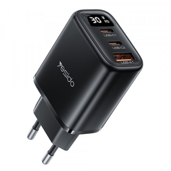 Incarcator Retea Yesido YC69 Display, 30W, 3A, 1 x USB-A - 2 x USB-C, Negru